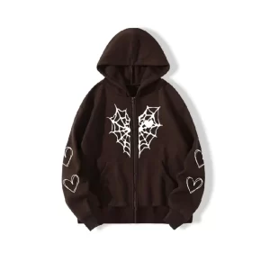 Sp5der Zipper Web & Heart Print Hoodie